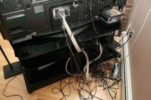 Wiring behind a television.